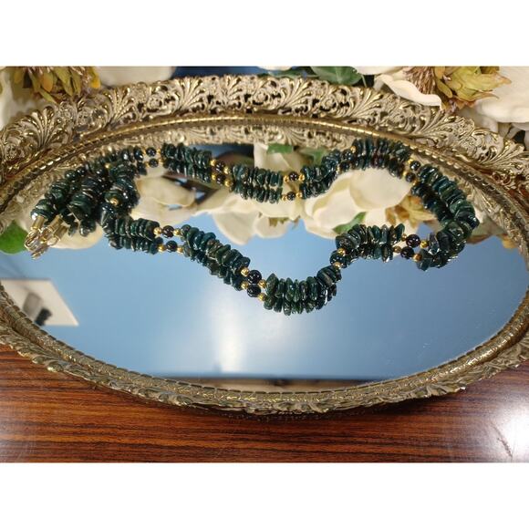 Vintage Polished Malachite Green Necklace Long Goldtoned Beads Stunning Unique - Picture 9 of 13